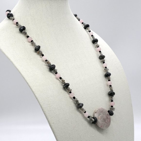 Necklace with assorted pink and gray color combination and Jasper Pendant. - Picture 2 of 5
